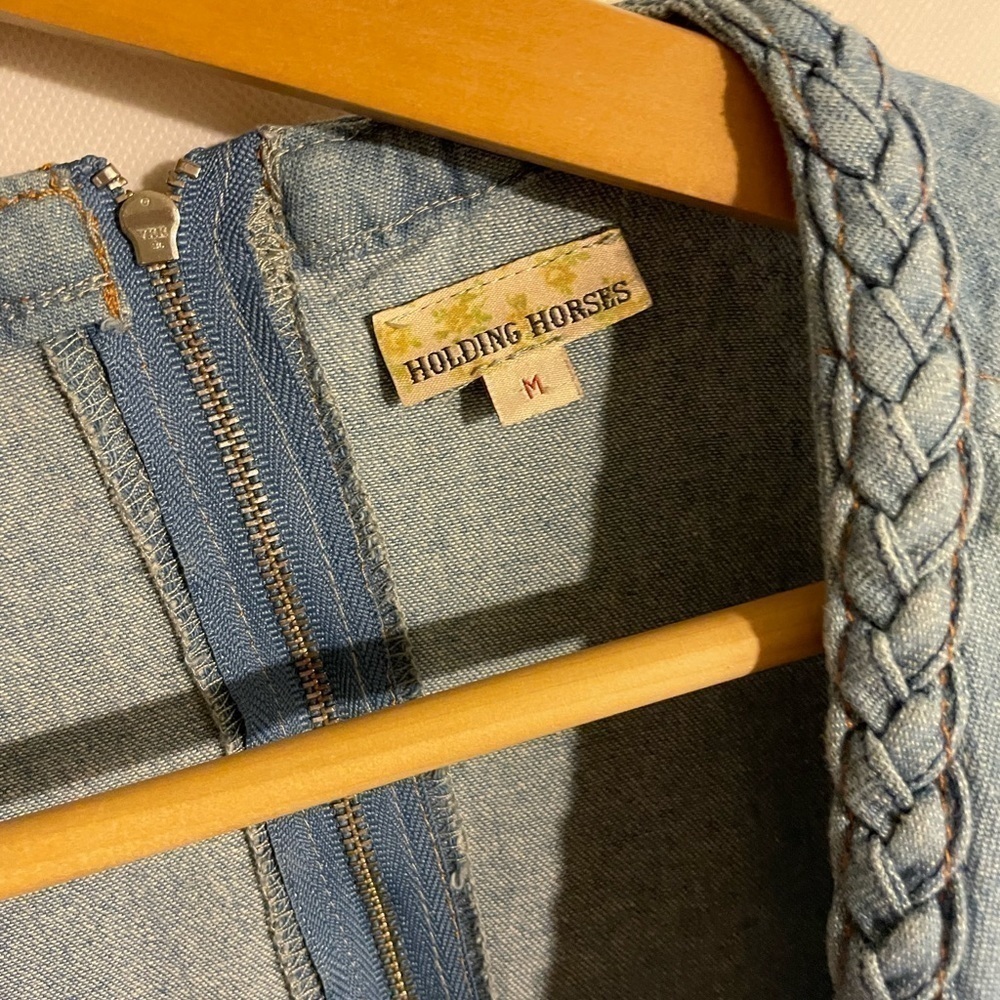 Anthropologie Holding Horses Blue Chambray Denim Shift Dress Sz M Braided Neck - Picture 4 of 7